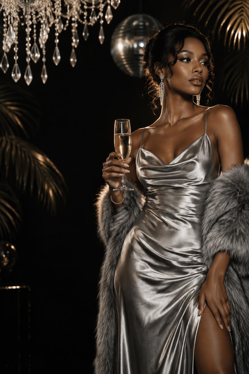 Guest in a silver gown holding champagne at an all white affair